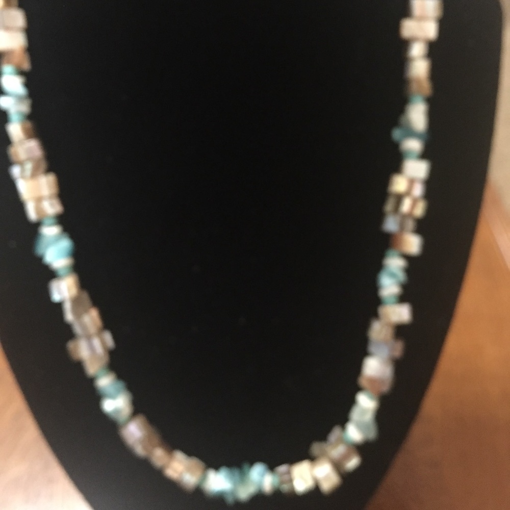Handmade blue , beige, white stone necklace
